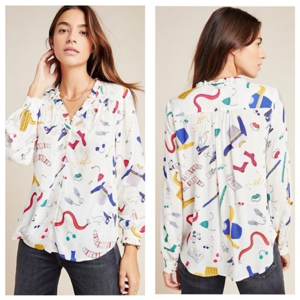 Maeve Novelty Print Button-Up Long Sleeve Blouse White Multicolor Viscose Size 2